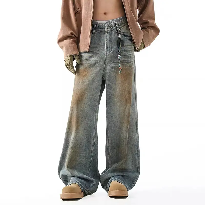 IEFB American Style Men Denim Pants Washing Mud-dying Constrast Color Trousers Wide Leg Loose Straight Male Jeans Autumn 9W4330