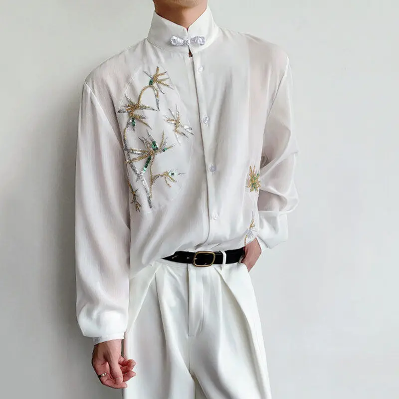 IEFB Niche Design Men's Shirts Stand Collar Sequin Embroidery Long Sleeved Casual Single Breasted Contrast Color Male Top 9W3771