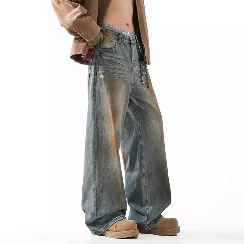 IEFB American Style Men Denim Pants Washing Mud-dying Constrast Color Trousers Wide Leg Loose Straight Male Jeans Autumn 9W4330