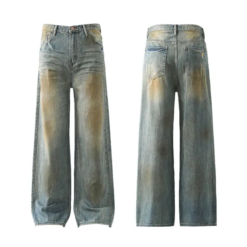 IEFB American Style Men Denim Pants Washing Mud-dying Constrast Color Trousers Wide Leg Loose Straight Male Jeans Autumn 9W4330