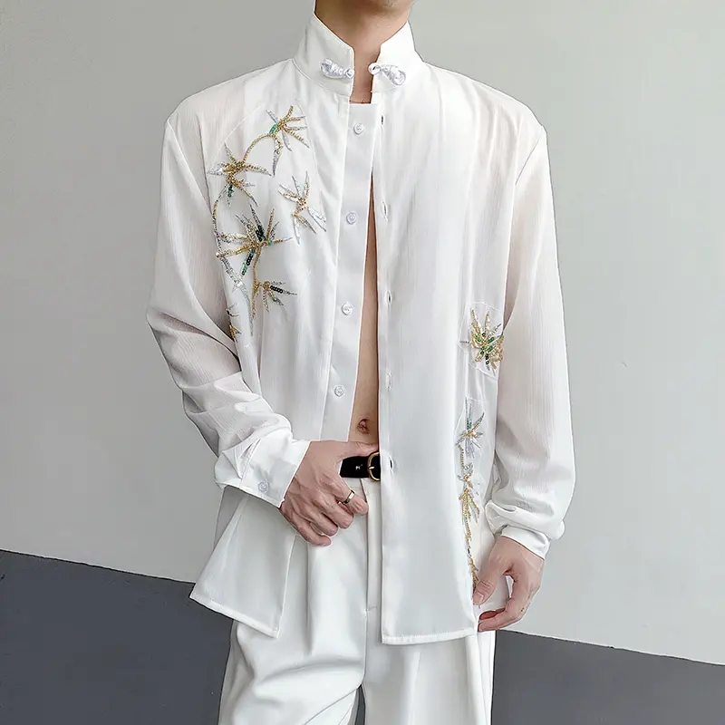 IEFB Niche Design Men's Shirts Stand Collar Sequin Embroidery Long Sleeved Casual Single Breasted Contrast Color Male Top 9W3771