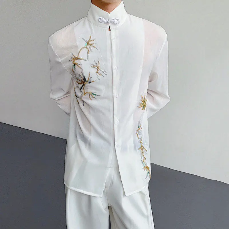 IEFB Niche Design Men's Shirts Stand Collar Sequin Embroidery Long Sleeved Casual Single Breasted Contrast Color Male Top 9W3771