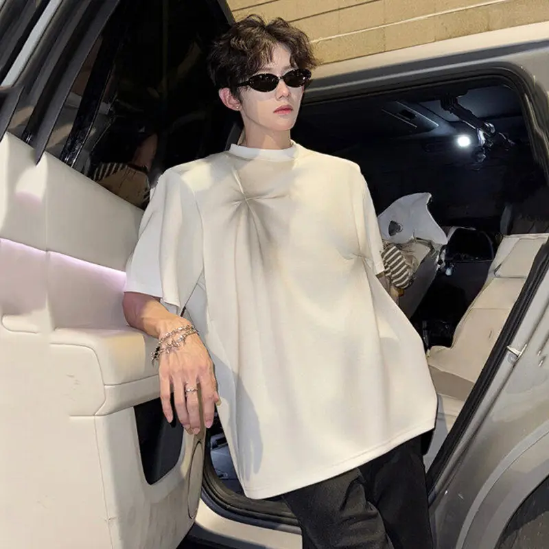 IEFB Niche Design Male Tees Summer Handpainted Cross Flower Twist Shoulder Pad Short Sleeve T-shirt New Round Collar Top 9W3682