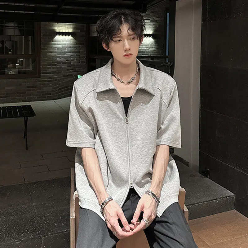 IEFB Double Zipper Men's T-shirts Lapel Solid Color Short Sleeved Casual Menswear New Shoulder Padded Loose Tees Simple 9W3347