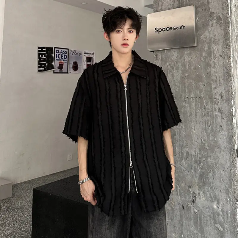 IEFB Korean Style Men's T-shirts Turn-down Collar Raw Edge Solid Color Double-ended Zipper Design Loose Male Tops Chic 9W3306