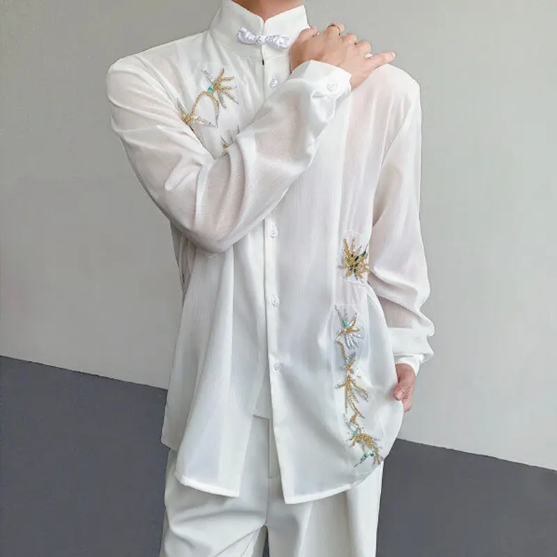 IEFB Niche Design Men's Shirts Stand Collar Sequin Embroidery Long Sleeved Casual Single Breasted Contrast Color Male Top 9W3771