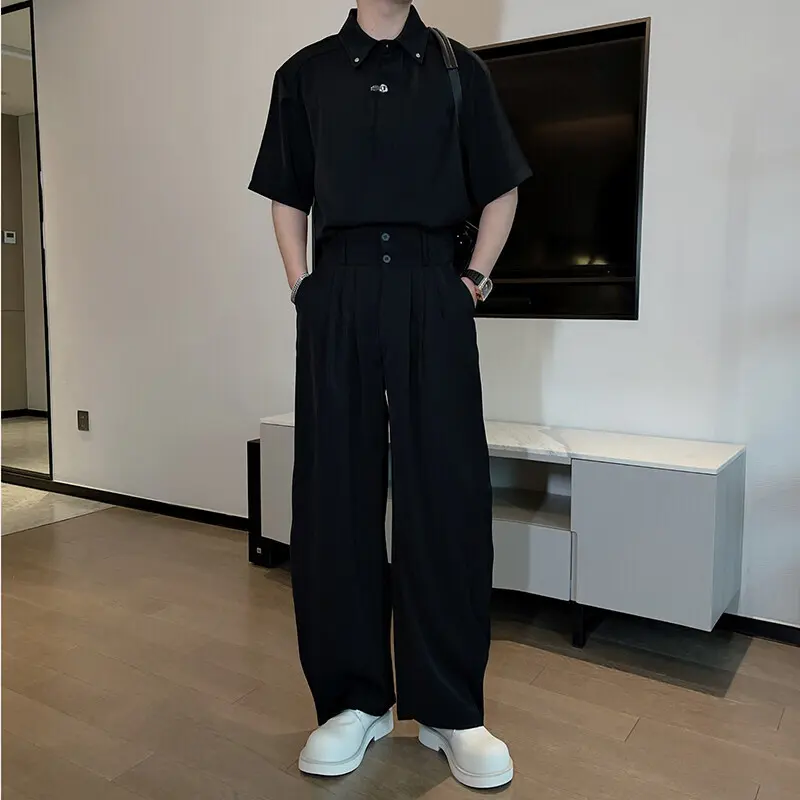 IEFB Metal Buckle Men's Sets Solid Color Turn-down Collar Short Sleeved Shirts Pleated Loose Machete Pants Solid Color 9W3042
