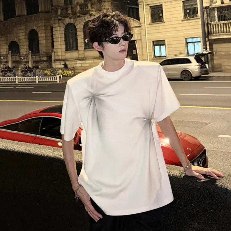 IEFB Niche Design Male Tees Summer Handpainted Cross Flower Twist Shoulder Pad Short Sleeve T-shirt New Round Collar Top 9W3682