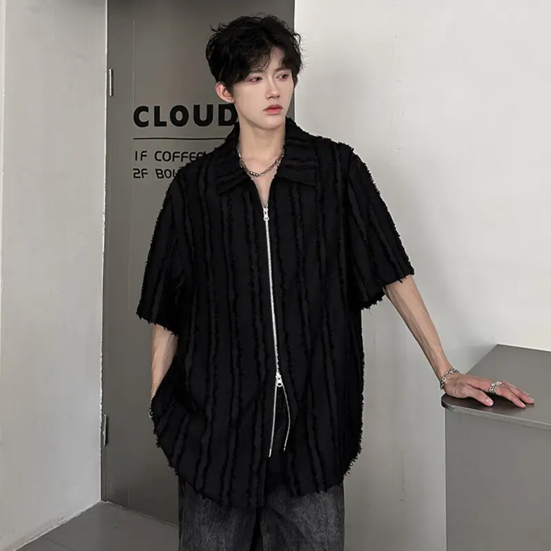 IEFB Korean Style Men's T-shirts Turn-down Collar Raw Edge Solid Color Double-ended Zipper Design Loose Male Tops Chic 9W3306