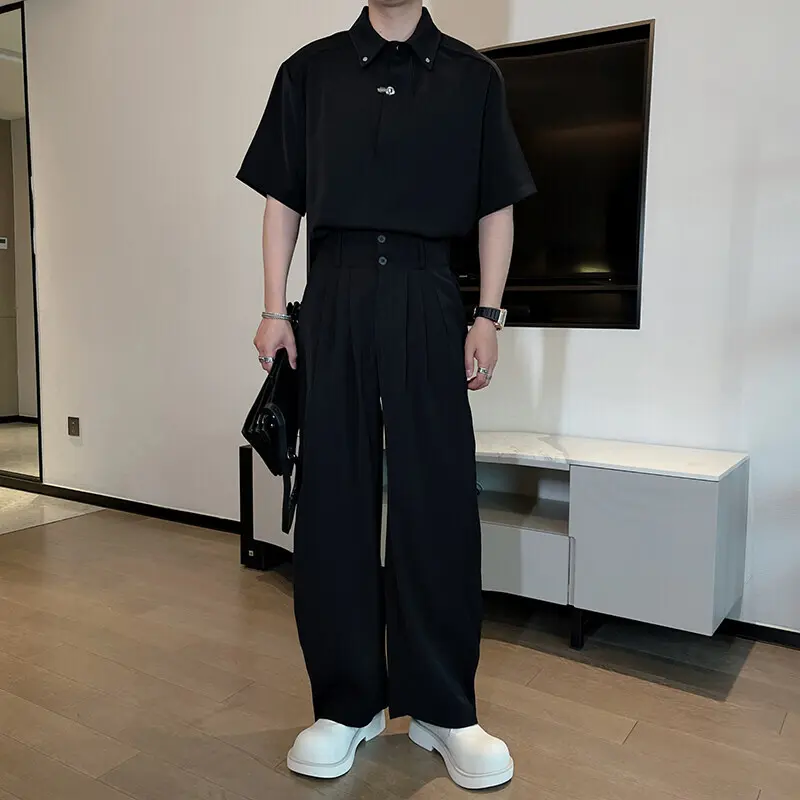 IEFB Metal Buckle Men's Sets Solid Color Turn-down Collar Short Sleeved Shirts Pleated Loose Machete Pants Solid Color 9W3042