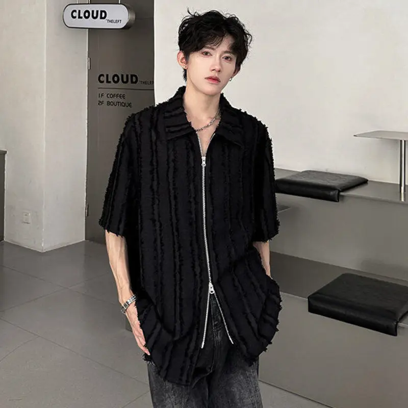 IEFB Korean Style Men's T-shirts Turn-down Collar Raw Edge Solid Color Double-ended Zipper Design Loose Male Tops Chic 9W3306