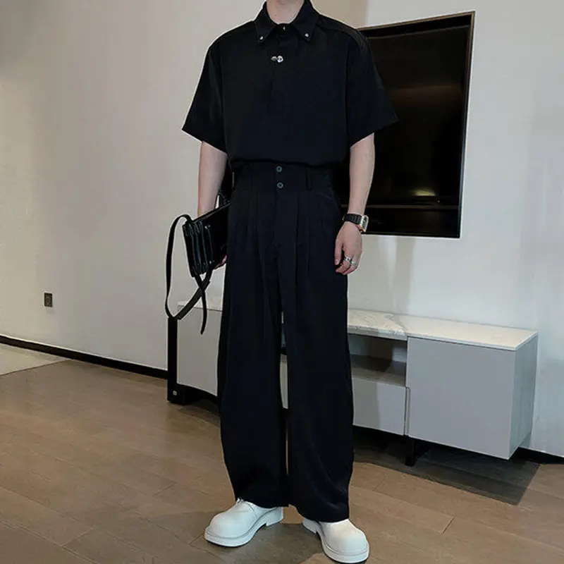 IEFB Metal Buckle Men's Sets Solid Color Turn-down Collar Short Sleeved Shirts Pleated Loose Machete Pants Solid Color 9W3042