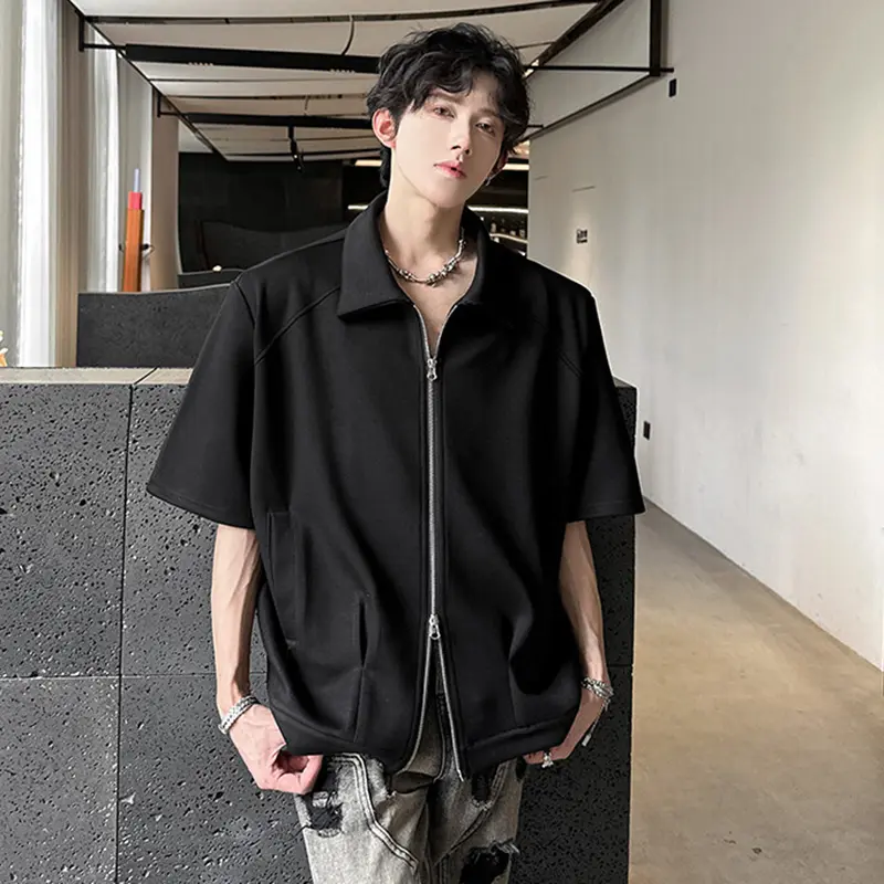 IEFB Double Zipper Men's T-shirts Lapel Solid Color Short Sleeved Casual Menswear New Shoulder Padded Loose Tees Simple 9W3347