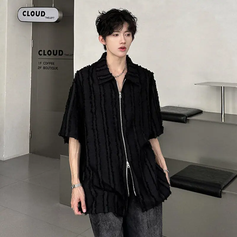 IEFB Korean Style Men's T-shirts Turn-down Collar Raw Edge Solid Color Double-ended Zipper Design Loose Male Tops Chic 9W3306