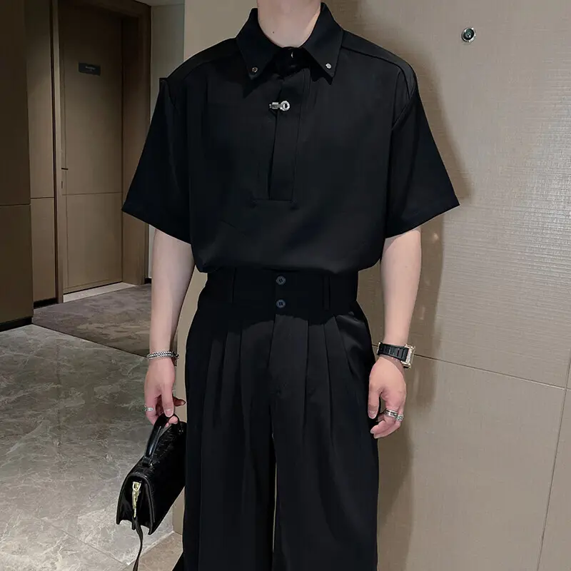IEFB Metal Buckle Men's Sets Solid Color Turn-down Collar Short Sleeved Shirts Pleated Loose Machete Pants Solid Color 9W3042