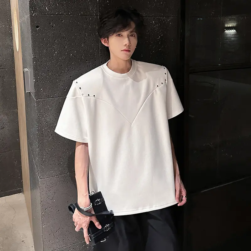 IEFB Niche Design Men's T-shirts Round Collar Solid Color Metal Decoration Deconstruction Short Sleeved Shoulder Pads Tee 9W3488