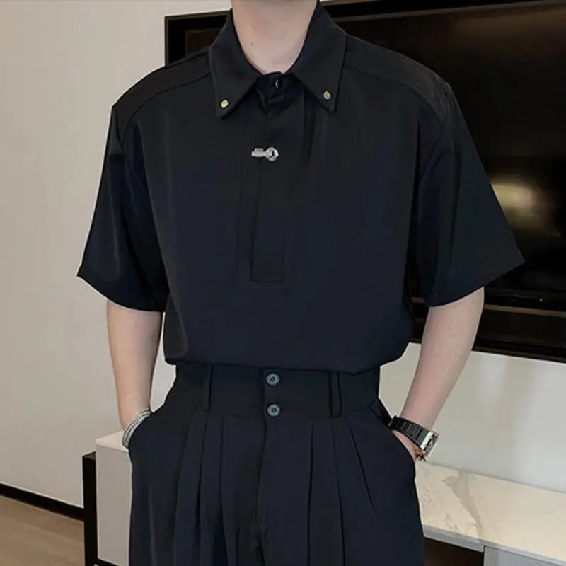IEFB Metal Buckle Men's Sets Solid Color Turn-down Collar Short Sleeved Shirts Pleated Loose Machete Pants Solid Color 9W3042