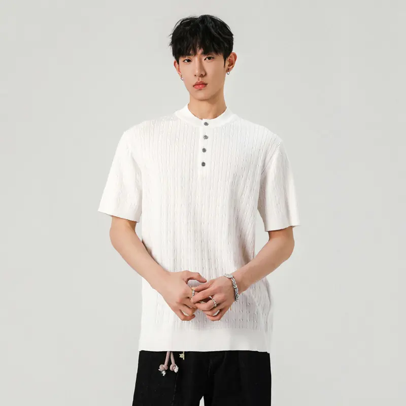 IEFB Korean Style Men's T-shirts Button Design Round Collar Short Sleeved Tops Knitting New Summer Loose Male Clothing 9W2874