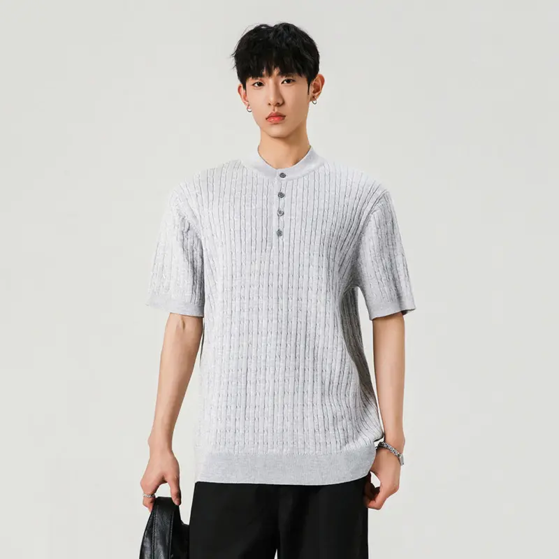 IEFB Korean Style Men's T-shirts Button Design Round Collar Short Sleeved Tops Knitting New Summer Loose Male Clothing 9W2874