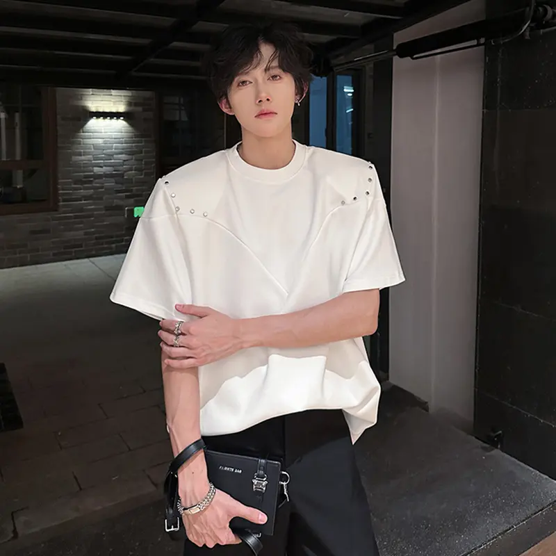 IEFB Niche Design Men's T-shirts Round Collar Solid Color Metal Decoration Deconstruction Short Sleeved Shoulder Pads Tee 9W3488