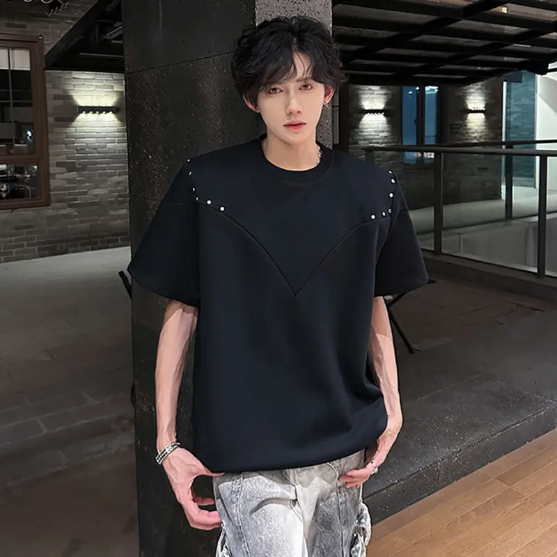 IEFB Niche Design Men's T-shirts Round Collar Solid Color Metal Decoration Deconstruction Short Sleeved Shoulder Pads Tee 9W3488