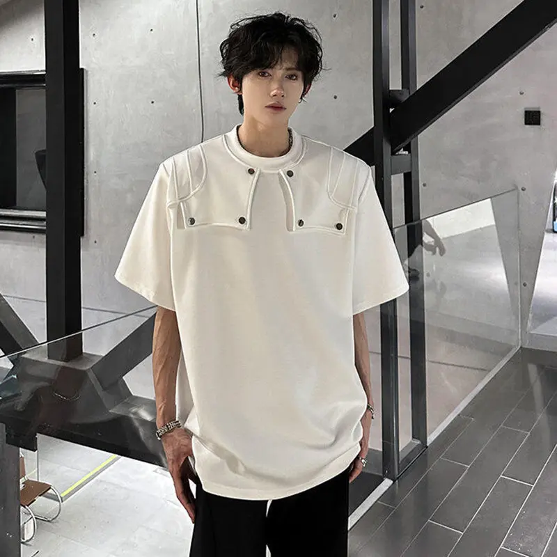 IEFB Niche Design Men's T-shirts Round Collar Structure Solid Color Silhouette Shoulder Padded Loose Male Tees Summer 9W3492