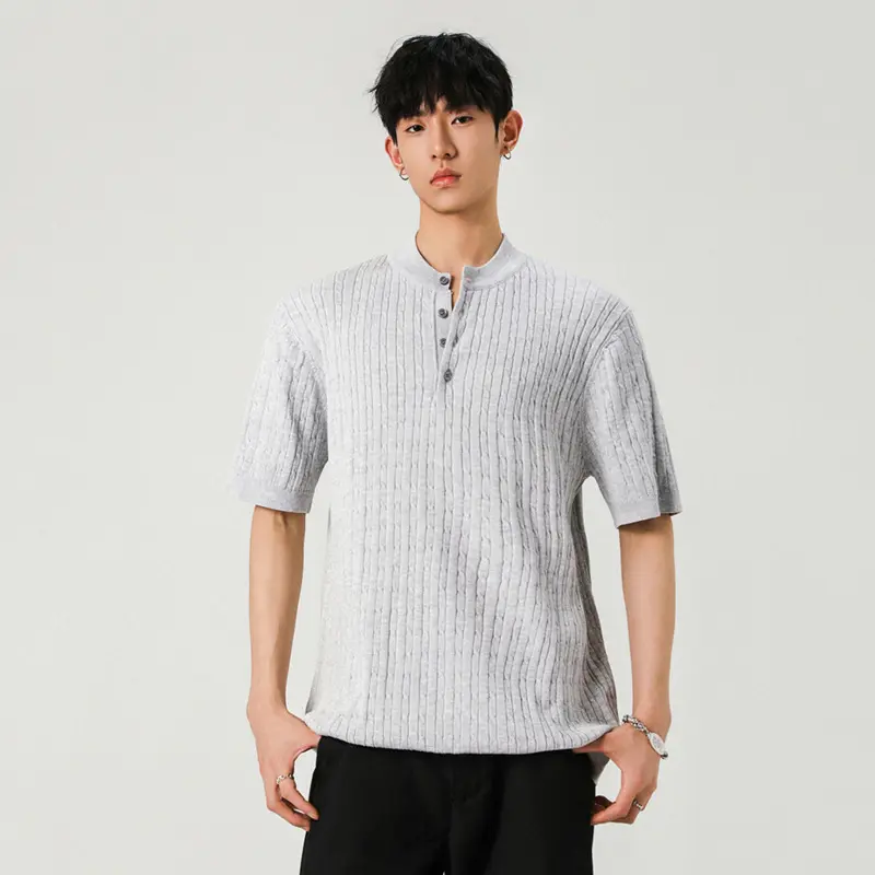 IEFB Korean Style Men's T-shirts Button Design Round Collar Short Sleeved Tops Knitting New Summer Loose Male Clothing 9W2874