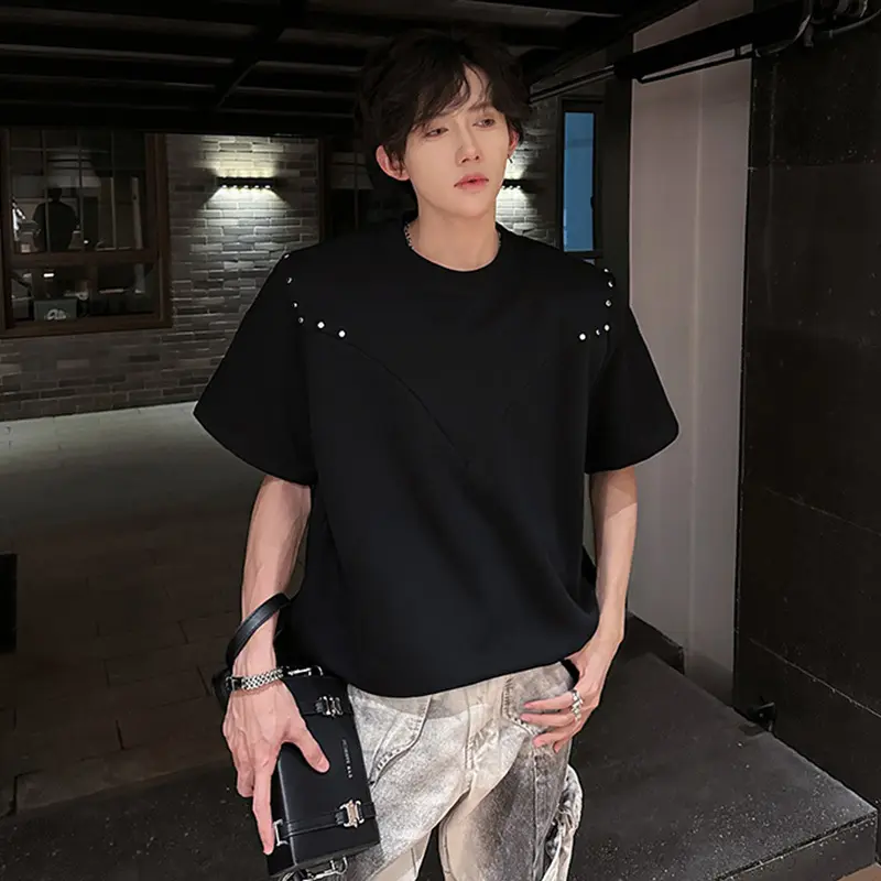 IEFB Niche Design Men's T-shirts Round Collar Solid Color Metal Decoration Deconstruction Short Sleeved Shoulder Pads Tee 9W3488