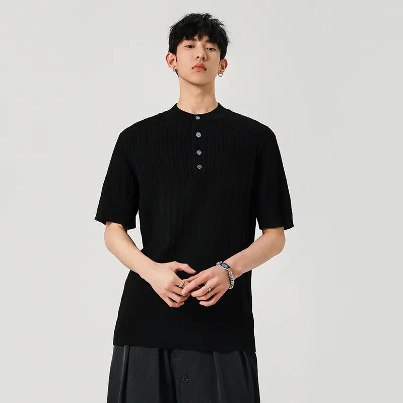 IEFB Korean Style Men's T-shirts Button Design Round Collar Short Sleeved Tops Knitting New Summer Loose Male Clothing 9W2874