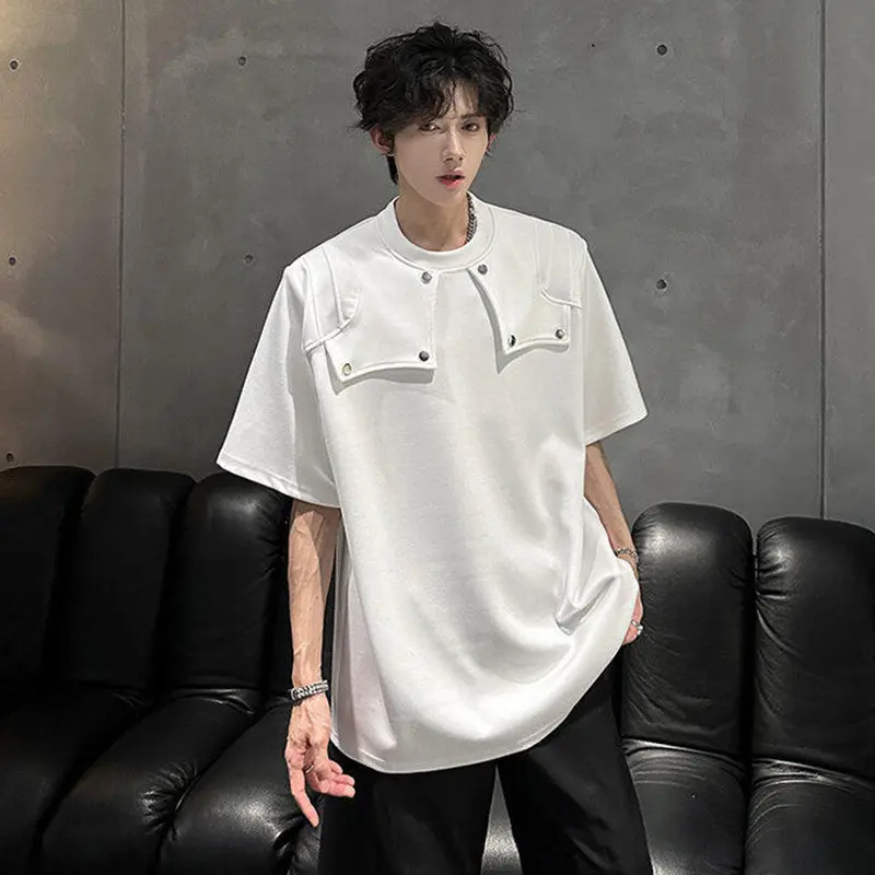 IEFB Niche Design Men's T-shirts Round Collar Structure Solid Color Silhouette Shoulder Padded Loose Male Tees Summer 9W3492