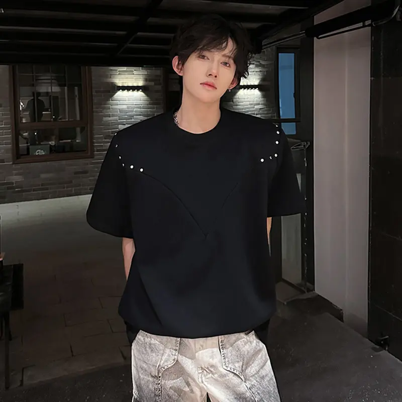 IEFB Niche Design Men's T-shirts Round Collar Solid Color Metal Decoration Deconstruction Short Sleeved Shoulder Pads Tee 9W3488