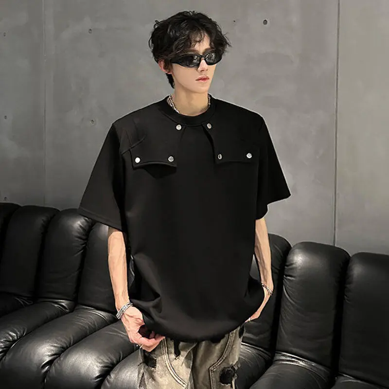 IEFB Niche Design Men's T-shirts Round Collar Structure Solid Color Silhouette Shoulder Padded Loose Male Tees Summer 9W3492