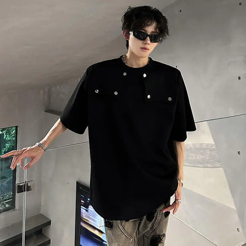 IEFB Niche Design Men's T-shirts Round Collar Structure Solid Color Silhouette Shoulder Padded Loose Male Tees Summer 9W3492