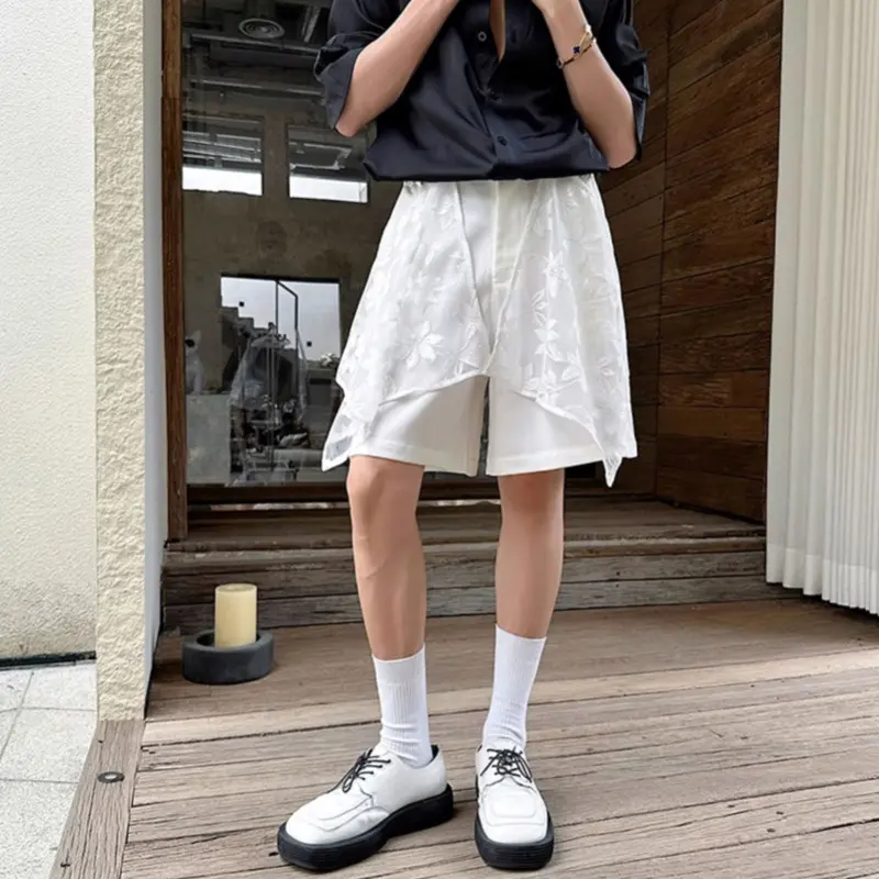 IEFB New Fashion Men's Shorts Casual Loose Lace Patchwork Korean Style Personality Trendy Knee Length Male Pants Summer 9W3574