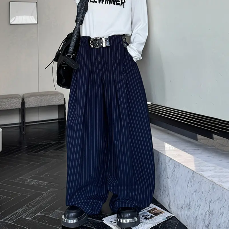 IEFB New Korean Style Men Casual Pants Striped Curved Knife Solid Color Wide Leg Bottom Trendy Male Fashionable Trousers 9W4173