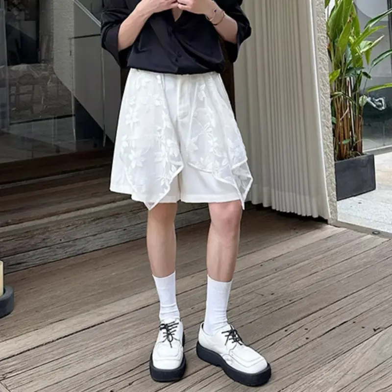 IEFB New Fashion Men's Shorts Casual Loose Lace Patchwork Korean Style Personality Trendy Knee Length Male Pants Summer 9W3574