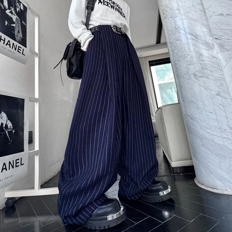 IEFB New Korean Style Men Casual Pants Striped Curved Knife Solid Color Wide Leg Bottom Trendy Male Fashionable Trousers 9W4173