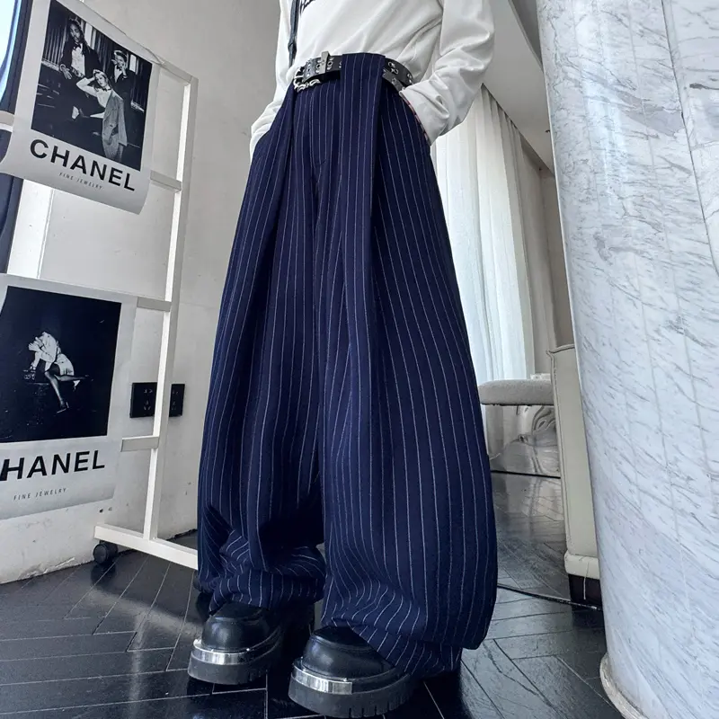 IEFB New Korean Style Men Casual Pants Striped Curved Knife Solid Color Wide Leg Bottom Trendy Male Fashionable Trousers 9W4173