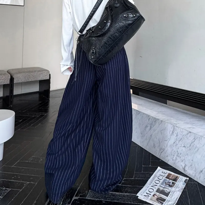 IEFB New Korean Style Men Casual Pants Striped Curved Knife Solid Color Wide Leg Bottom Trendy Male Fashionable Trousers 9W4173