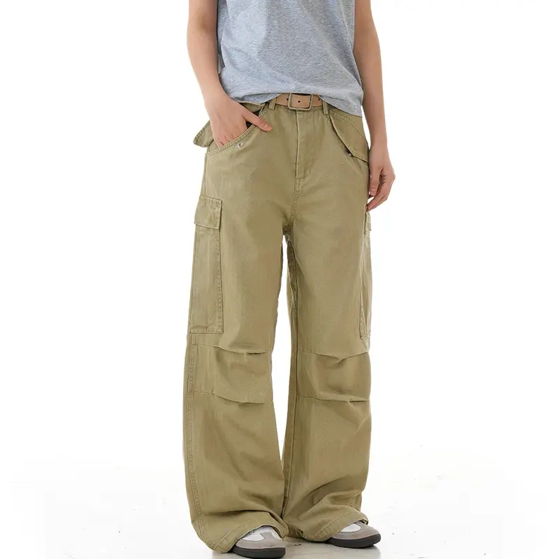IEFB American Style Men's Cargo Pants Solid Color Multi Pockets Pleated Design Casual Vintage Wide Leg Male Trousers New 9W4102