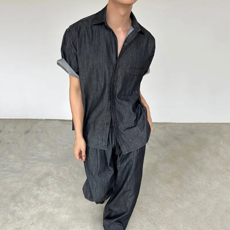 IEFB Korean Style Men Denim Two-piece Solid Color Lapel Single Breasted Short Sleeve Shirt Drawtring Elastic Waist Jeans 9W3746