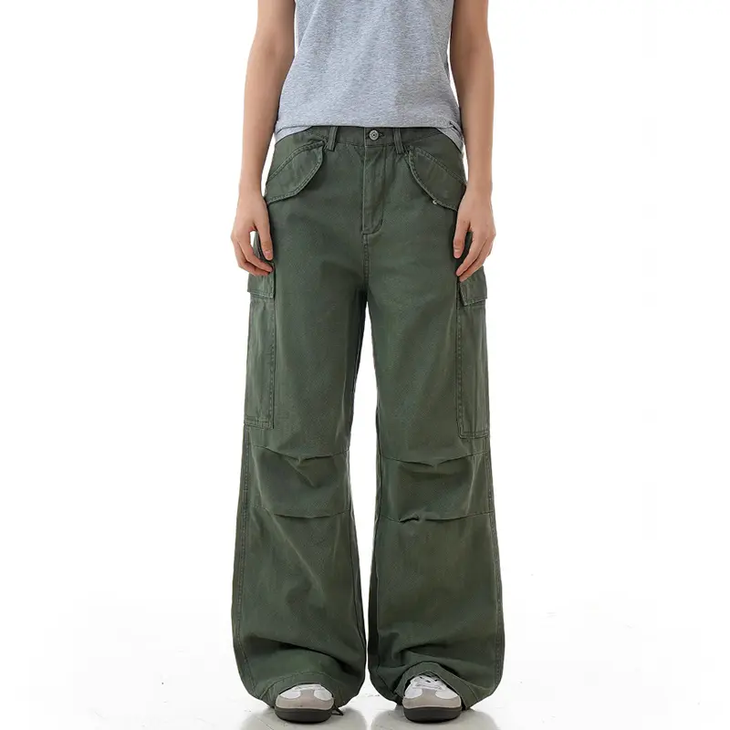 IEFB American Style Men's Cargo Pants Solid Color Multi Pockets Pleated Design Casual Vintage Wide Leg Male Trousers New 9W4102