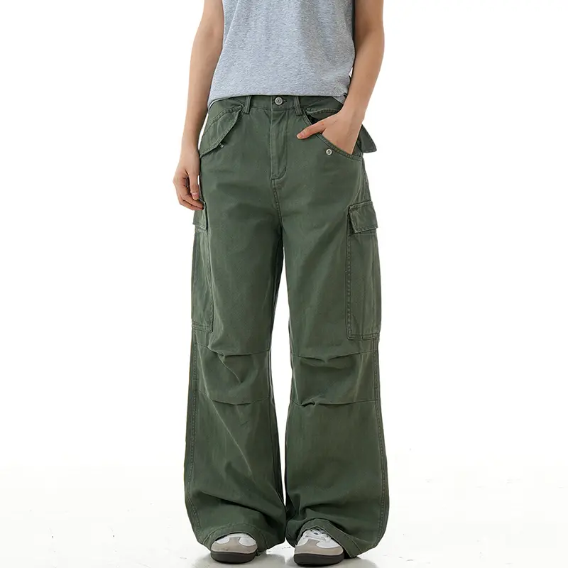 IEFB American Style Men's Cargo Pants Solid Color Multi Pockets Pleated Design Casual Vintage Wide Leg Male Trousers New 9W4102