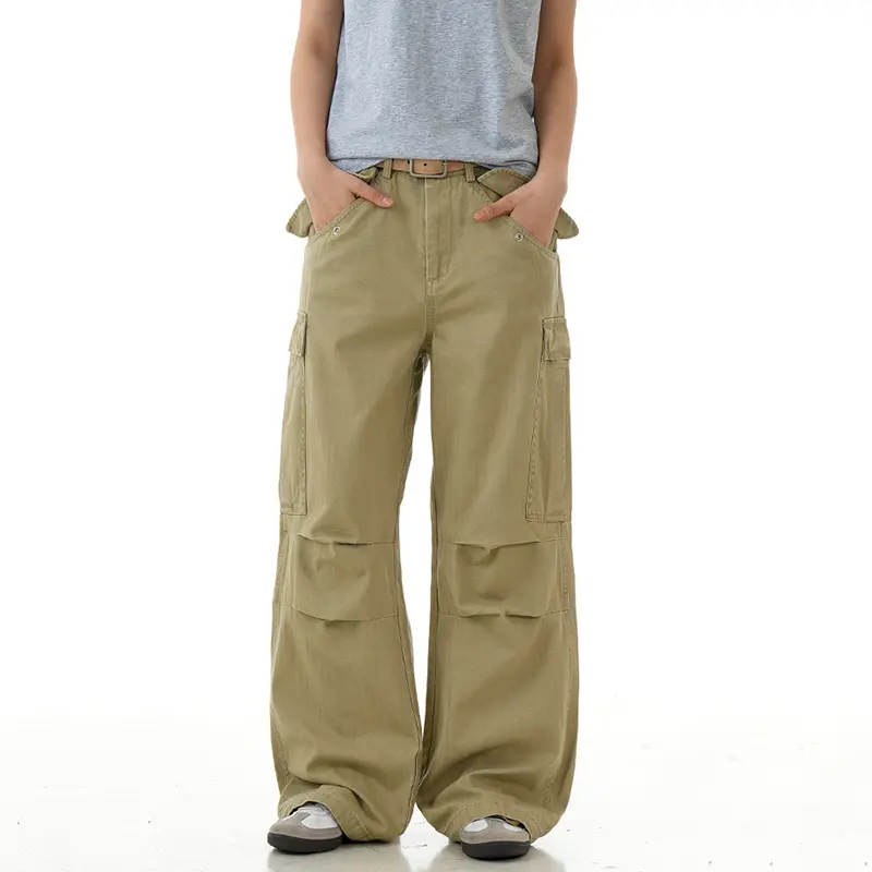 IEFB American Style Men's Cargo Pants Solid Color Multi Pockets Pleated Design Casual Vintage Wide Leg Male Trousers New 9W4102