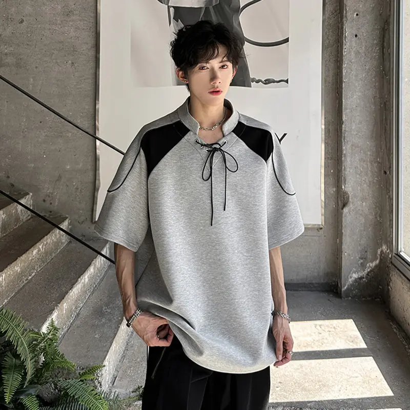 IEFB Drawstring Stand Collar Men's Tees Summer Short Sleeve Patchwork Contrast Color T-shirt Personality Top New Stylish 9W3313