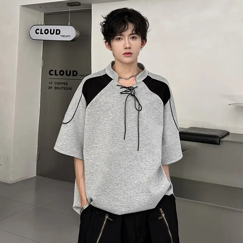 IEFB Drawstring Stand Collar Men's Tees Summer Short Sleeve Patchwork Contrast Color T-shirt Personality Top New Stylish 9W3313