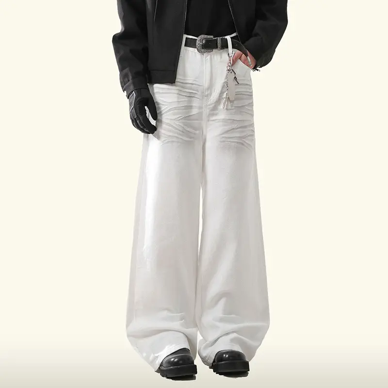IEFB American Style Men Jeans Three Dimensional Pleated Worn-out Straight Contrast Color Cleanfit Wide-Leg Denim Pants 9W4324