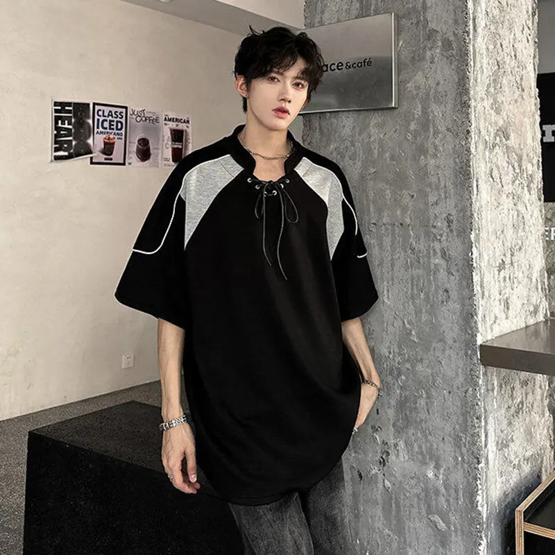 IEFB Drawstring Stand Collar Men's Tees Summer Short Sleeve Patchwork Contrast Color T-shirt Personality Top New Stylish 9W3313