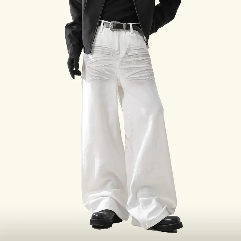 IEFB American Style Men Jeans Three Dimensional Pleated Worn-out Straight Contrast Color Cleanfit Wide-Leg Denim Pants 9W4324