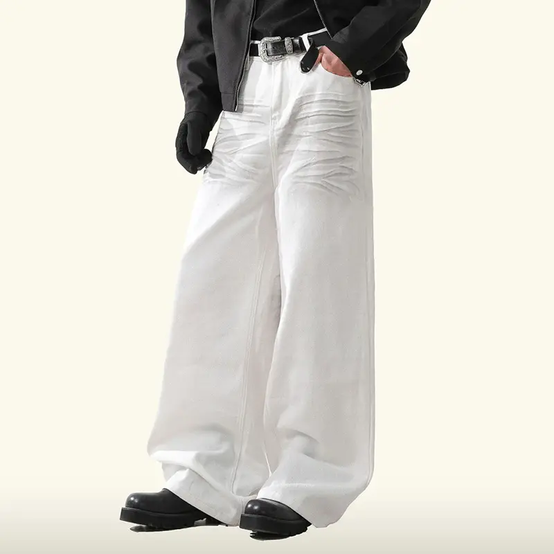 IEFB American Style Men Jeans Three Dimensional Pleated Worn-out Straight Contrast Color Cleanfit Wide-Leg Denim Pants 9W4324